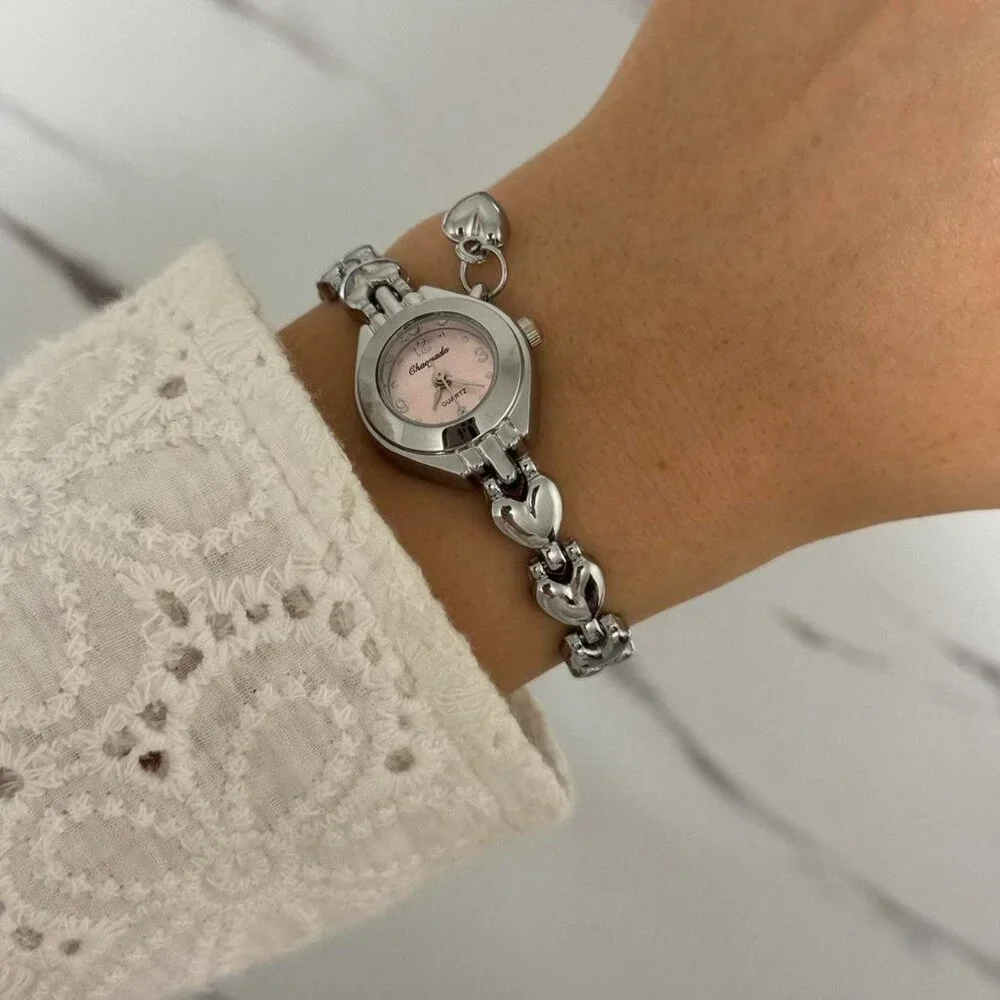 sku0148 Retro‎ Silver Pink dial Heart Charm Women Watch Bracelet + gift box